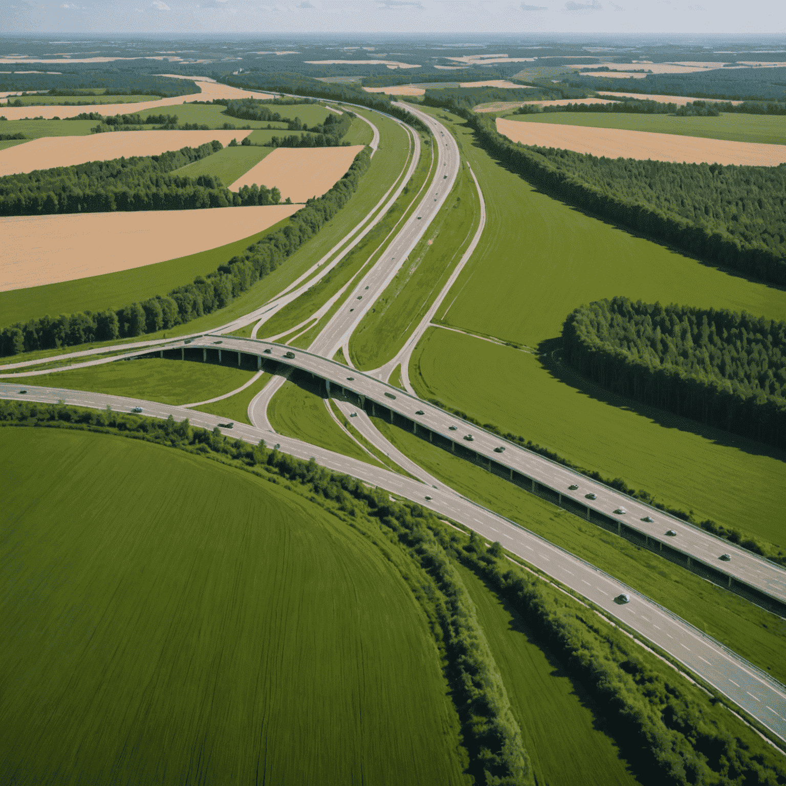 Wizualizacja nowej autostrady przecinającej malowniczy polski krajobraz z zielonymi polami i lasami