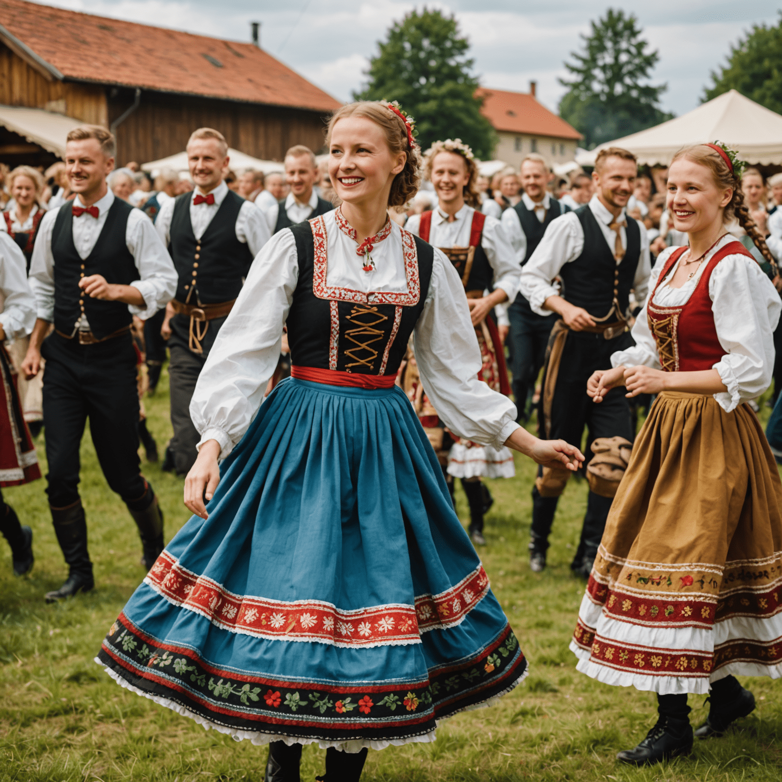 Grupa ludzi w tradycyjnych polskich strojach ludowych tańczących podczas festiwalu folklorystycznego