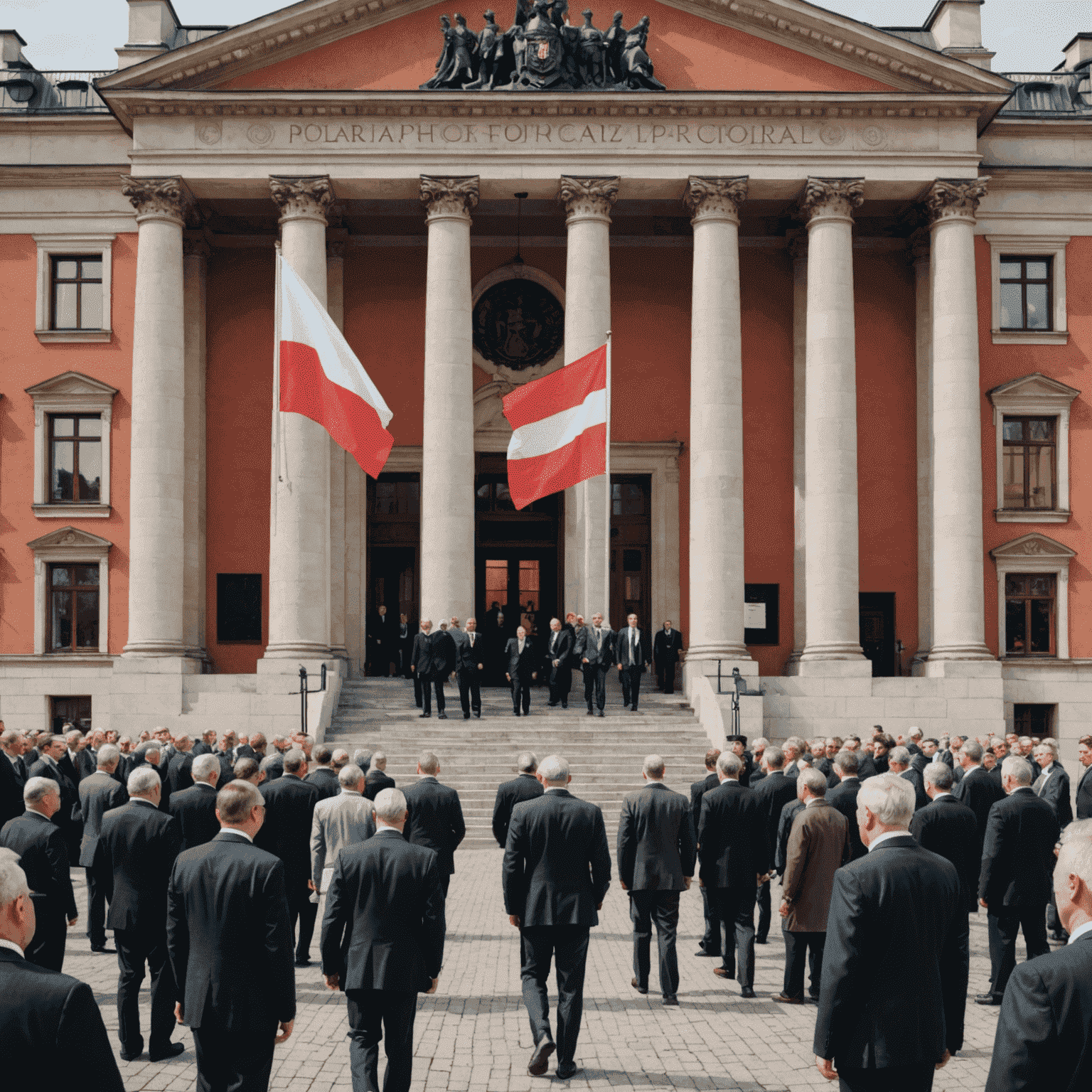 Obraz przedstawiający polską flagę, budynek Sejmu i grupę polityków, symbolizujący aktualną scenę polityczną w Polsce